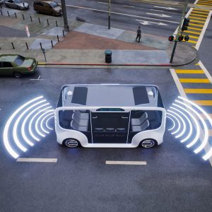 Autonomous electric bus self driving on street, Smart vehicle technology concept, 3d render