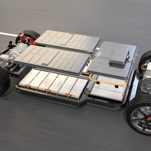 Explode view of electric vehicle chassis equipped with battery pack driving on the road. 3D rendering image.
